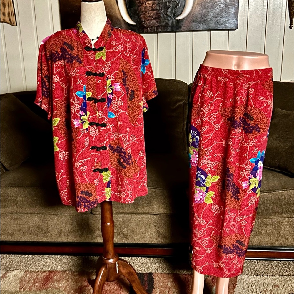 Clio II • Vintage • 1980’s • Size 1X • 2 Pieces • Red • Asian • Floral • Dress - Picture 2 of 14